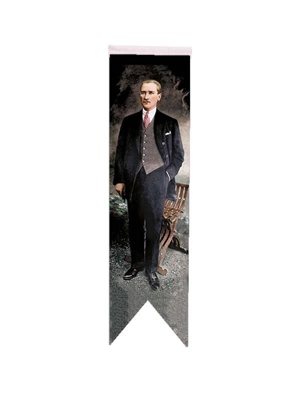 Masa Üstü Kırlangıç Atatürklü Bayrağı - 8x30cm Çift Taraflı Saten Kumaş