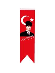 Masa Üstü Kırlangıç Atatürklü Bayrağı - 8x30cm Çift Taraflı Saten Kumaş