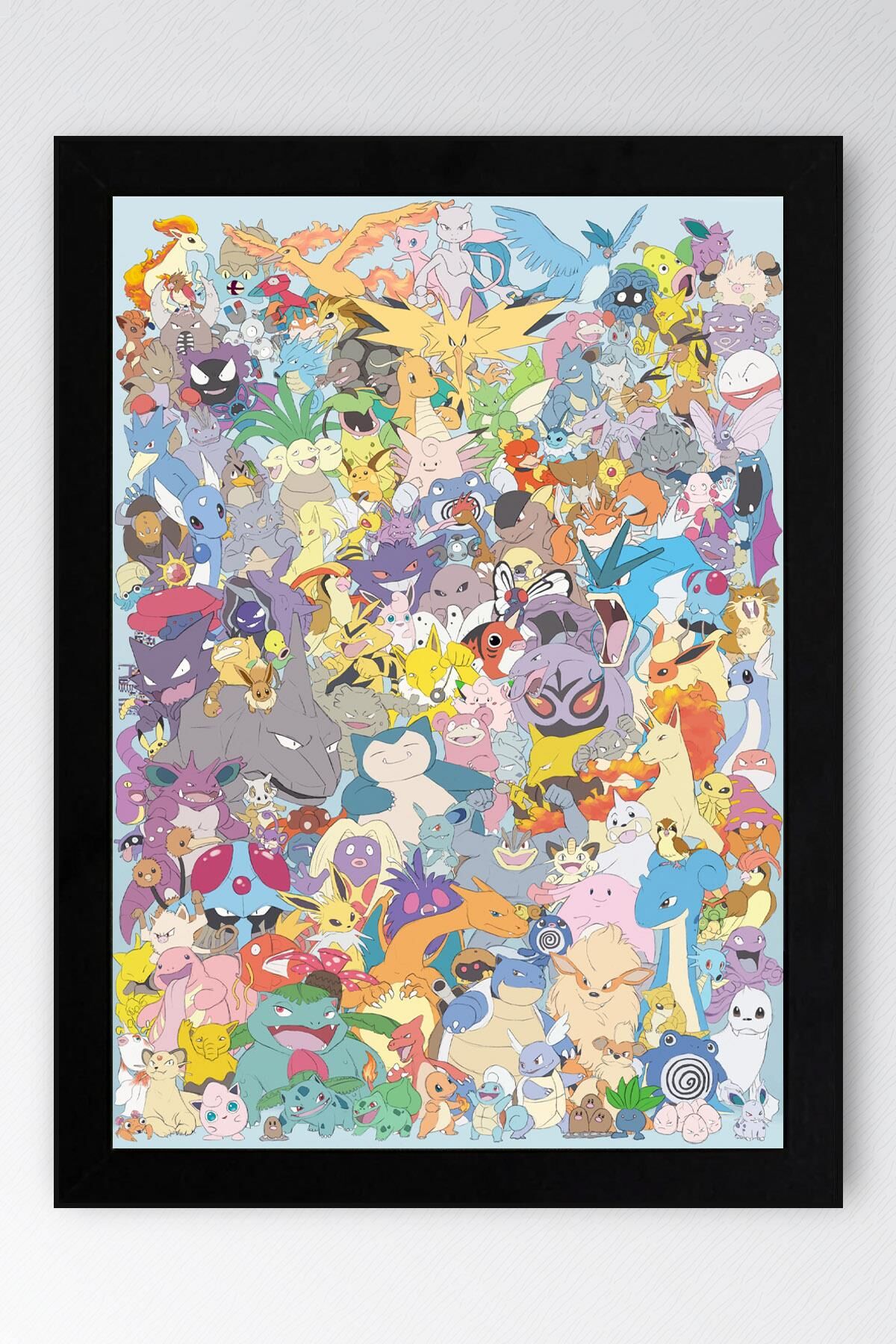 Pokemon Çerçeveli Tablo - Tüm Pokemonlar Çizgi Film Posteri Tablo 21x30 - Siyah