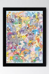 Pokemon Çerçeveli Tablo - Tüm Pokemonlar Çizgi Film Posteri Tablo 21x30 - Siyah
