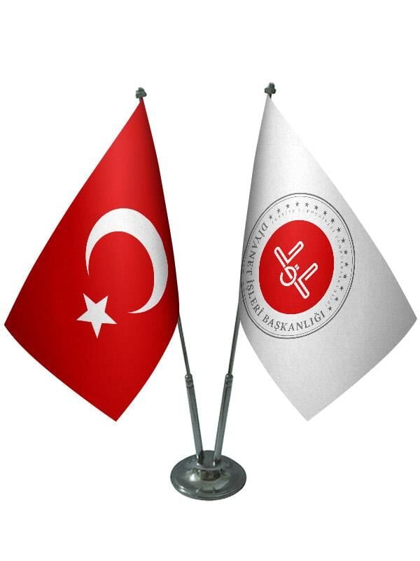 Masa Üstü Diyanet İşleri Bayrağı Türk Bayrağı İkili Krom Direk Masa Bayrak Seti