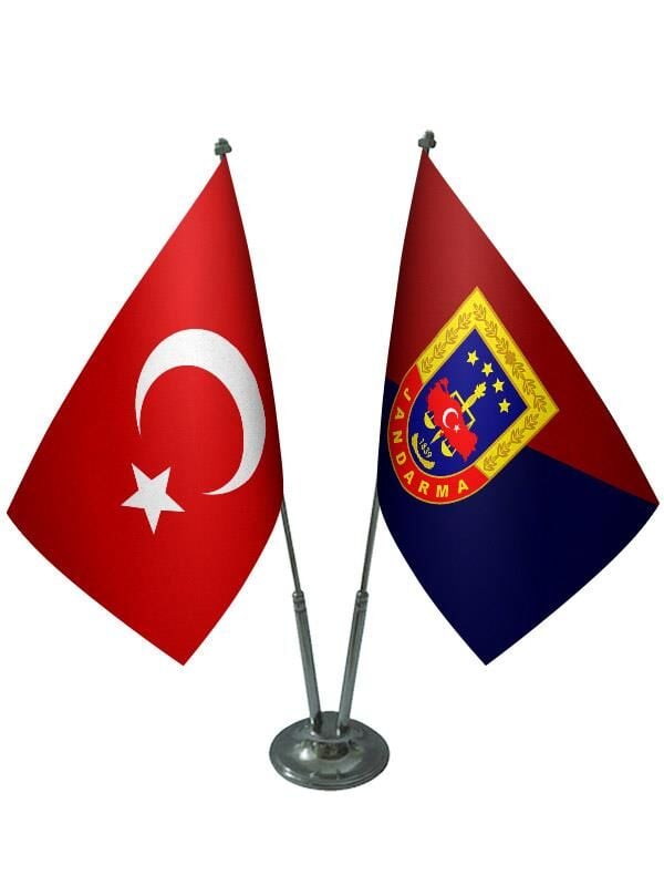 Masa Üstü Jandarma Bayrağı Türk Bayrağı İkili Krom Direk Masa Bayrak Seti