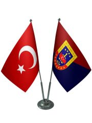 Masa Üstü Jandarma Bayrağı Türk Bayrağı İkili Krom Direk Masa Bayrak Seti