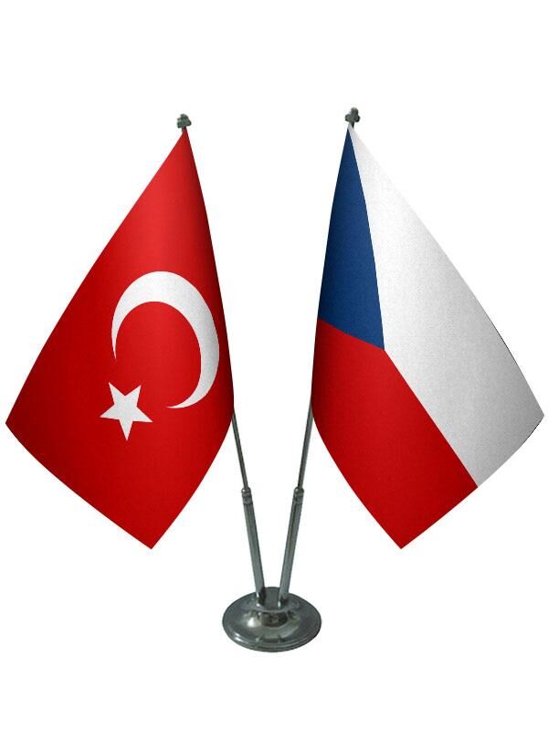 Masa Üstü Çek Cumhuriyeti Bayrağı Türk Bayrağı İkili Krom Direk Masa Bayrak Seti