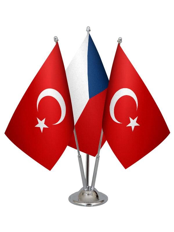 Masa Üstü Çek Cumhuriyeti Bayrağı Türk Bayrağı Üçlü Krom Direk Masa Bayrak Seti