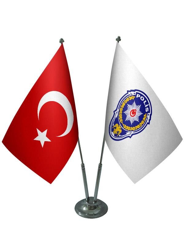 Masa Üstü Polis Arması Bayrağı Türk Bayrağı İkili Krom Direk Masa Bayrak Seti