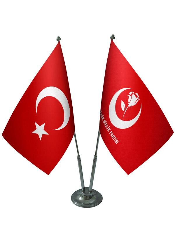 Masa Üstü Büyük Birlik Partisi Bayrağı Türk Bayrağı İkili Krom Direk Masa Bayrak Seti