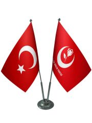 Masa Üstü Büyük Birlik Partisi Bayrağı Türk Bayrağı İkili Krom Direk Masa Bayrak Seti