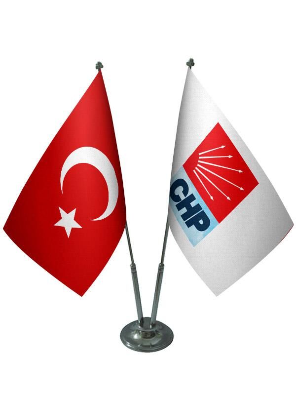 Masa Üstü CHP Bayrağı Türk Bayrağı İkili Krom Direk Masa Bayrak Seti
