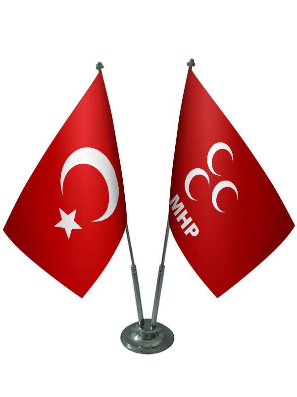 Masa Üstü MHP Bayrağı Türk Bayrağı İkili Krom Direk Masa Bayrak Seti