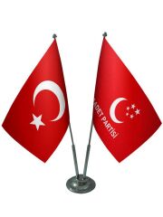 Masa Üstü Saadet Partisi Bayrağı Türk Bayrağı İkili Krom Direk Masa Bayrak Seti