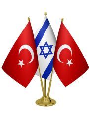Masa Üstü İsrail Bayrağı Türk Bayrağı Üçlü Pirinç Direk Masa Bayrak Seti