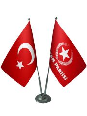 Masa Üstü Vatan Partisi Bayrağı Türk Bayrağı İkili Krom Direk Masa Bayrak Seti