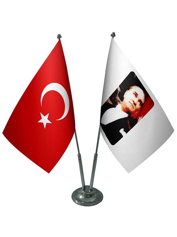 Masa Üstü Atatürk Bayrağı Türk Bayrağı İkili Krom Direk Masa Bayrak Seti