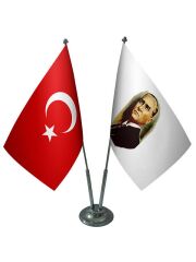 Masa Üstü Atatürk Bayrağı Türk Bayrağı İkili Krom Direk Masa Bayrak Seti