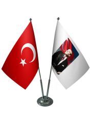 Masa Üstü Atatürk Bayrağı Türk Bayrağı İkili Krom Direk Masa Bayrak Seti