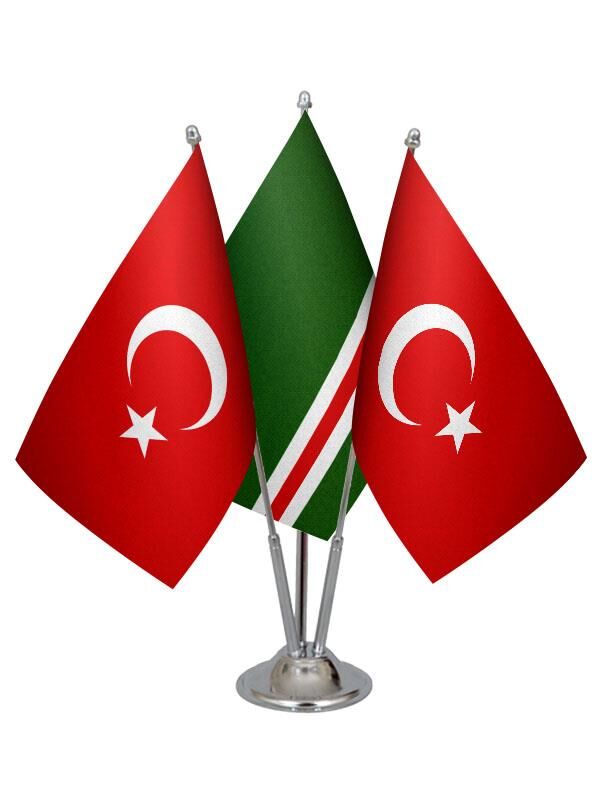 Masa Üstü İçkerya Çeçen Bayrağı Türk Bayrağı Üçlü Krom Direk Masa Bayrak Seti