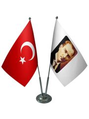 Masa Üstü Atatürk Bayrağı Türk Bayrağı İkili Krom Direk Masa Bayrak Seti