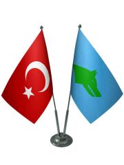 Masa Üstü Göktürk Bayrağı Türk Bayrağı İkili Krom Direk Masa Bayrak Seti