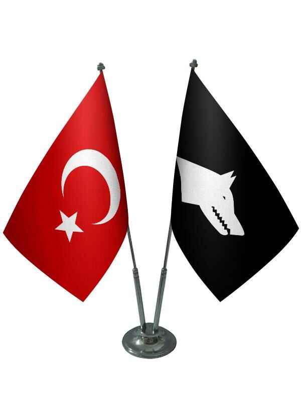Masa Üstü Siyah Göktürk Bayrağı Türk Bayrağı İkili Krom Direk Masa Bayrak Seti
