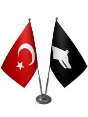 Masa Üstü Siyah Göktürk Bayrağı Türk Bayrağı İkili Krom Direk Masa Bayrak Seti