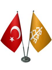 Masa Üstü Karahanlılar Bayrağı Türk Bayrağı İkili Krom Direk Masa Bayrak Seti