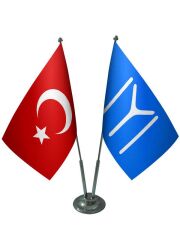 Masa Üstü Kayı Boyu Bayrağı Türk Bayrağı İkili Krom Direk Masa Bayrak Seti