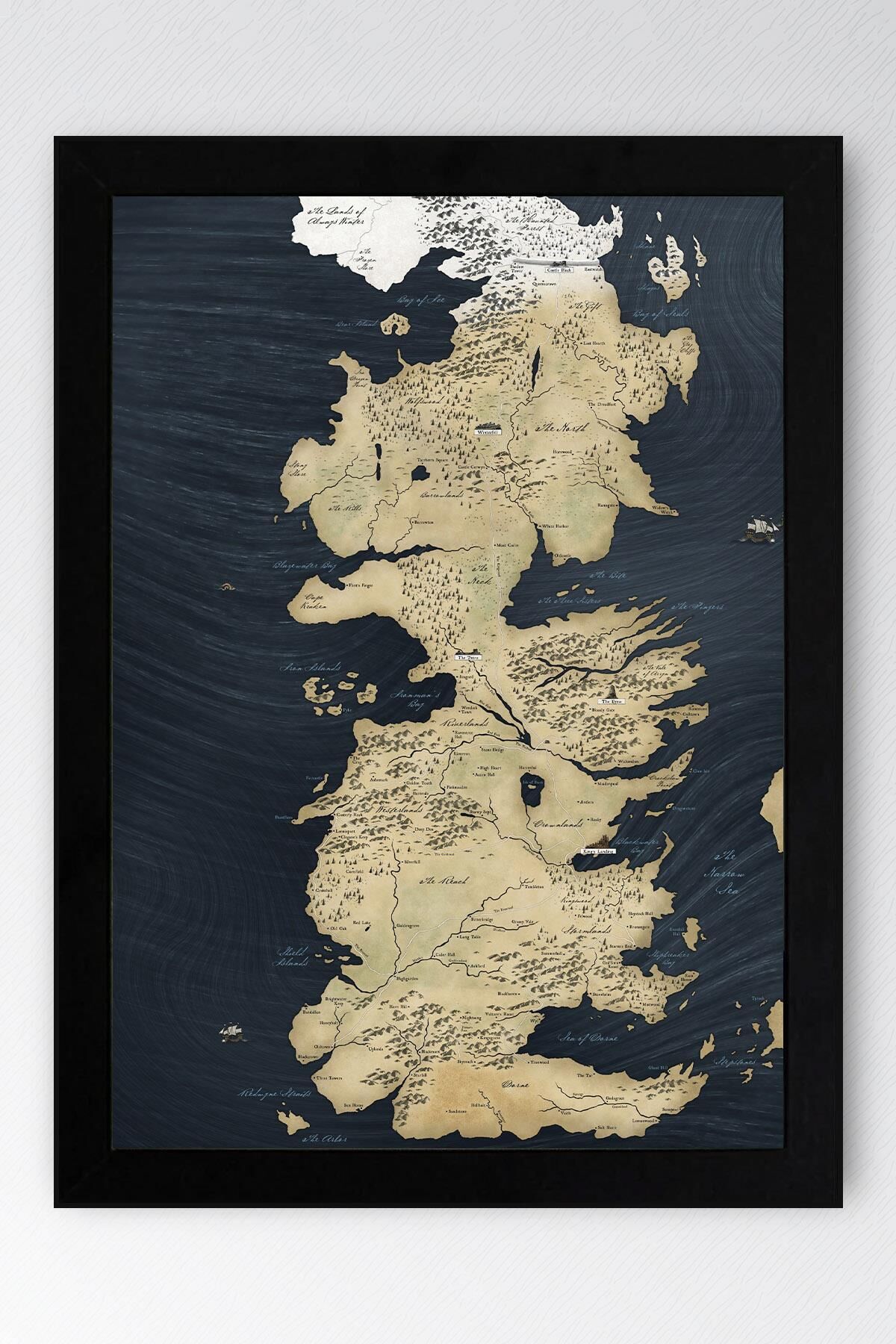 Game of Thrones Haritası Çerçeveli Tablo - Taht Oyunları Dizi Posteri Tablo 35x50 - Siyah