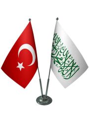 Masa Üstü Beyaz Kelimei Tevhid Bayrağı Türk Bayrağı İkili Krom Direk Masa Bayrak Seti