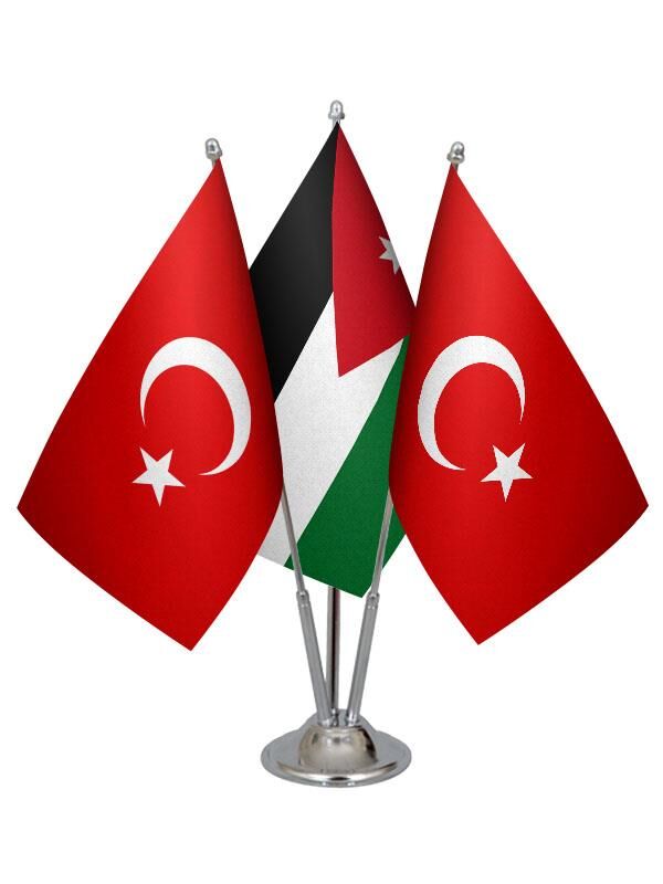 Masa Üstü Ürdün Bayrağı Türk Bayrağı Üçlü Krom Direk Masa Bayrak Seti