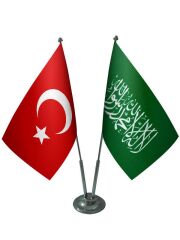 Masa Üstü Yeşil Kelimei Tevhid Bayrağı Türk Bayrağı İkili Krom Direk Masa Bayrak Seti