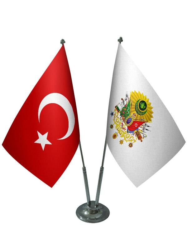 Masa Üstü Osmanlı Arması Bayrağı Türk Bayrağı İkili Krom Direk Masa Bayrak Seti