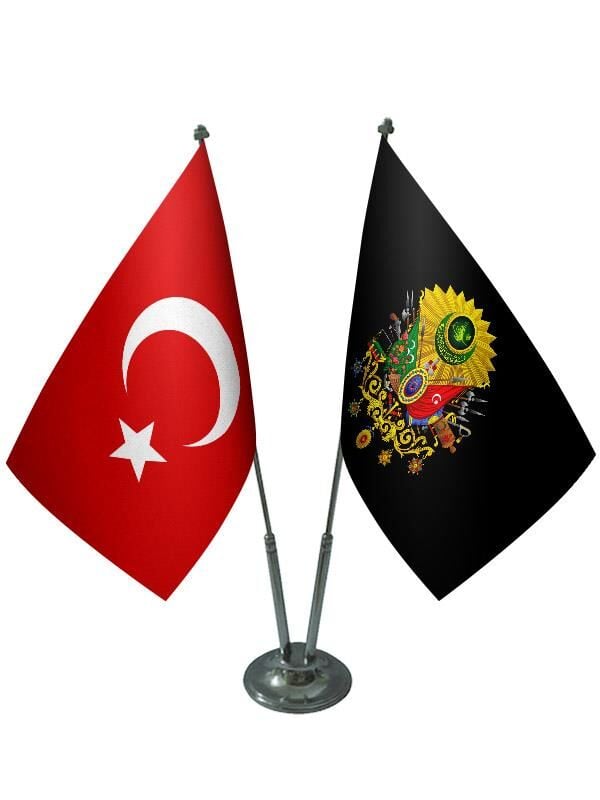 Masa Üstü Siyah Osmanlı Arması Bayrağı Türk Bayrağı İkili Krom Direk Masa Bayrak Seti