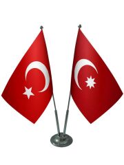 Masa Üstü Osmanlı Bayrağı Türk Bayrağı İkili Krom Direk Masa Bayrak Seti