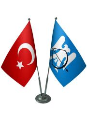 Masa Üstü Selçuklu Bayrağı Türk Bayrağı İkili Krom Direk Masa Bayrak Seti