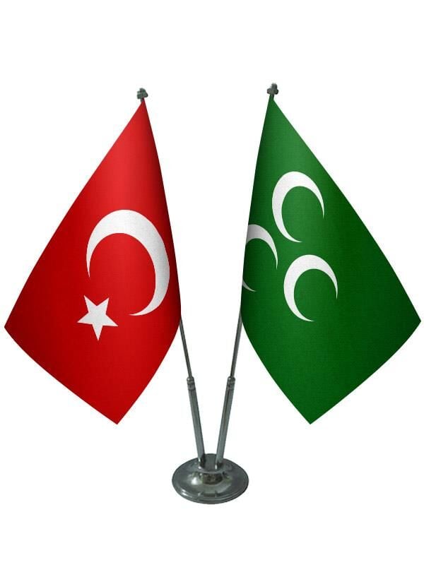 Masa Üstü Yeşil Üç Hilal Bayrağı Türk Bayrağı İkili Krom Direk Masa Bayrak Seti