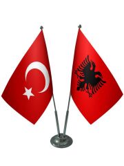 Masa Üstü Arnavutluk Bayrağı Türk Bayrağı İkili Krom Direk Masa Bayrak Seti