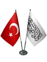 Masa Üstü Afganistan Bayrağı Türk Bayrağı İkili Krom Direk Masa Bayrak Seti