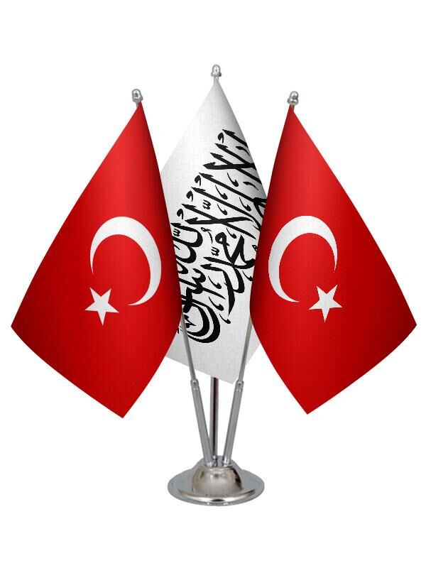 Masa Üstü Afganistan Bayrağı Türk Bayrağı Üçlü Krom Direk Masa Bayrak Seti