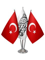 Masa Üstü Afganistan Bayrağı Türk Bayrağı Üçlü Krom Direk Masa Bayrak Seti