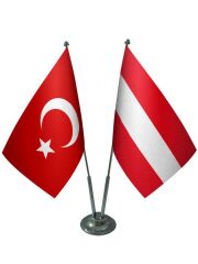 Masa Üstü Avusturya Bayrağı Türk Bayrağı İkili Krom Direk Masa Bayrak Seti