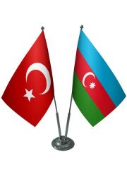 Masa Üstü Azerbaycan Bayrağı Türk Bayrağı İkili Krom Direk Masa Bayrak Seti