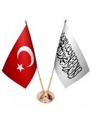 Masa Üstü Afganistan Bayrağı Türk Bayrağı İkili Pirinç Direk Masa Bayrak Seti
