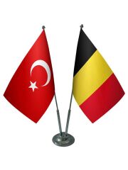 Masa Üstü Belçika Bayrağı Türk Bayrağı İkili Krom Direk Masa Bayrak Seti