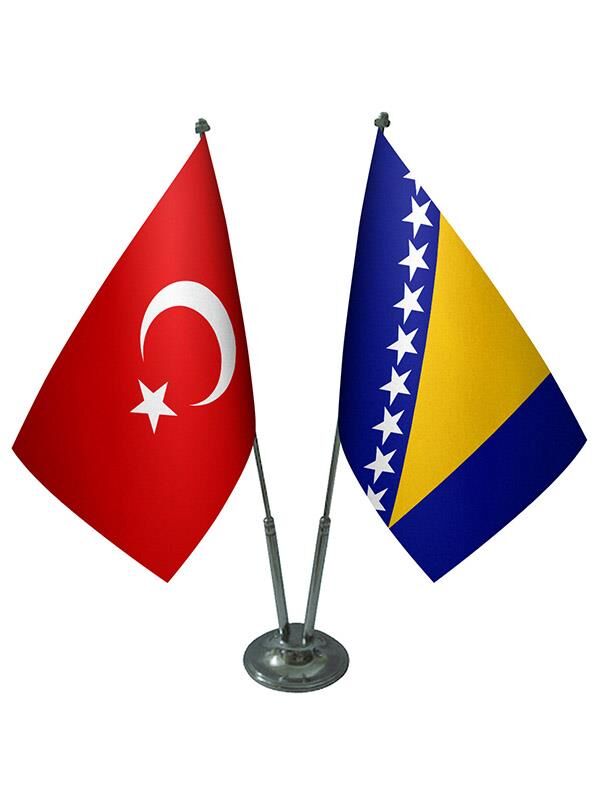 Masa Üstü Bosna Bayrağı Türk Bayrağı İkili Krom Direk Masa Bayrak Seti