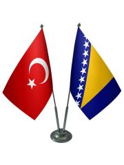 Masa Üstü Bosna Bayrağı Türk Bayrağı İkili Krom Direk Masa Bayrak Seti