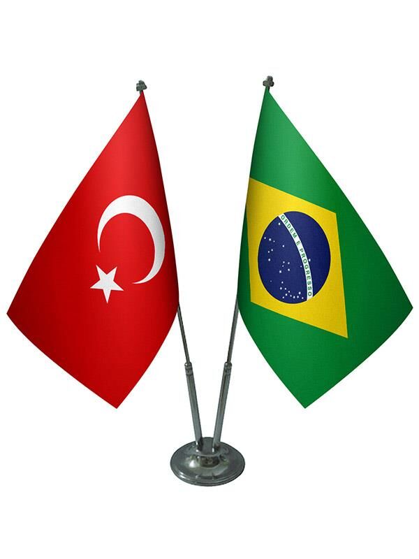 Masa Üstü Brezilya Bayrağı Türk Bayrağı İkili Krom Direk Masa Bayrak Seti