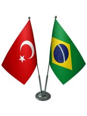 Masa Üstü Brezilya Bayrağı Türk Bayrağı İkili Krom Direk Masa Bayrak Seti