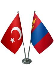 Masa Üstü Moğolistan Bayrağı Türk Bayrağı İkili Krom Direk Masa Bayrak Seti