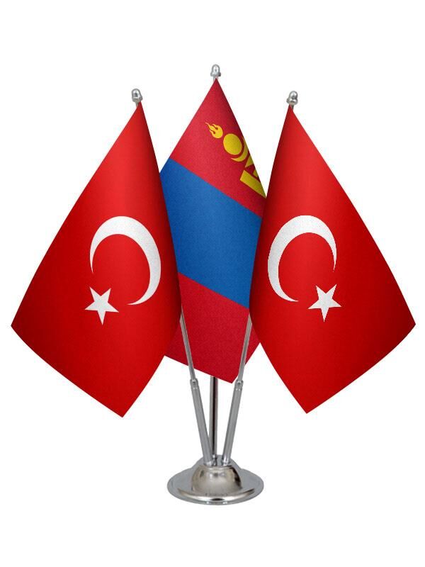Masa Üstü Moğolistan Bayrağı Türk Bayrağı Üçlü Krom Direk Masa Bayrak Seti